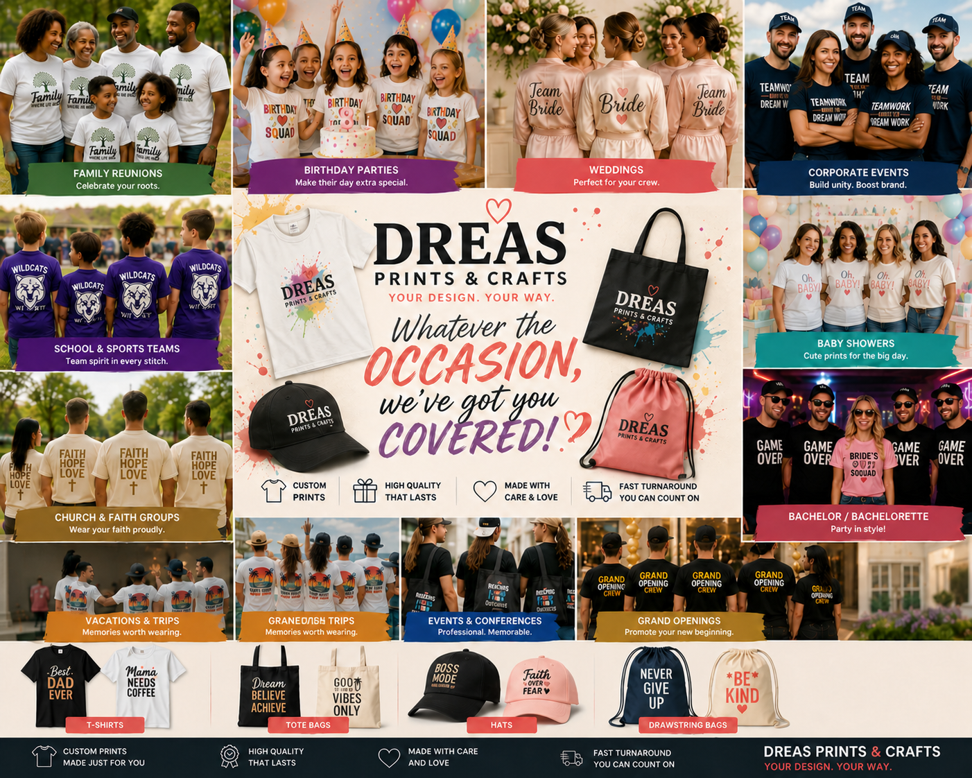 Custom apparel and accessories for reunions, weddings, teams, celebrations and business events