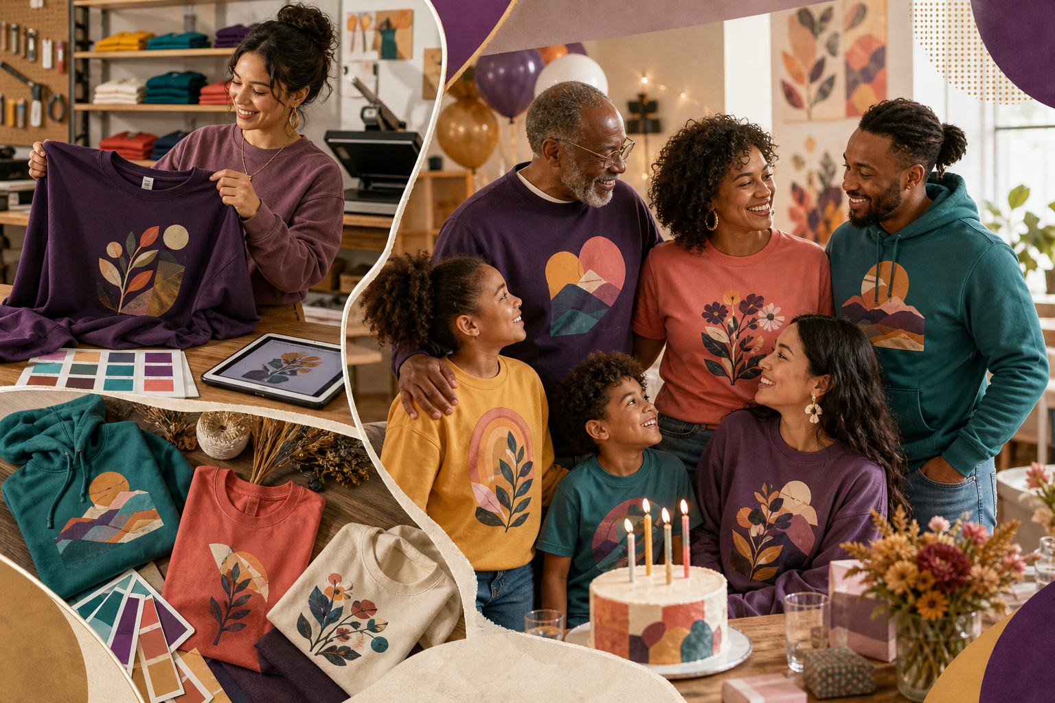 A family celebrating in colorful custom apparel beside a modern print studio