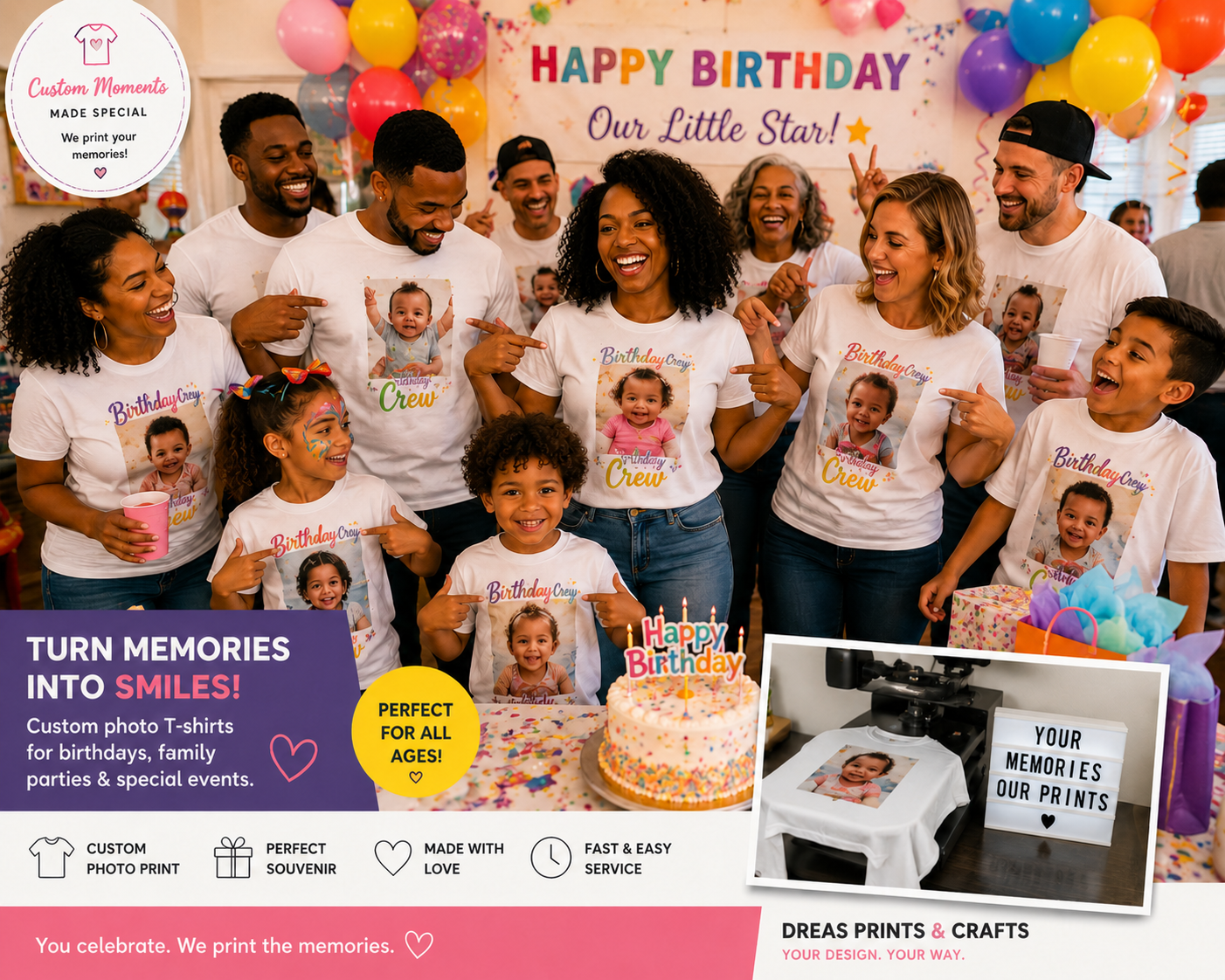 A birthday celebration featuring personalized photo shirts