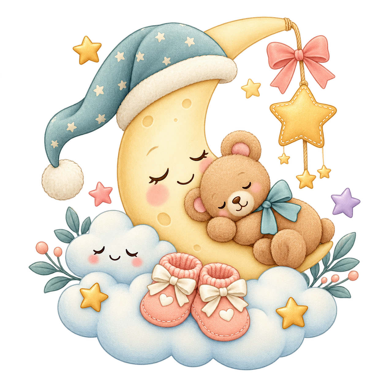 Moon, teddy bear, booties, and stars baby clip art