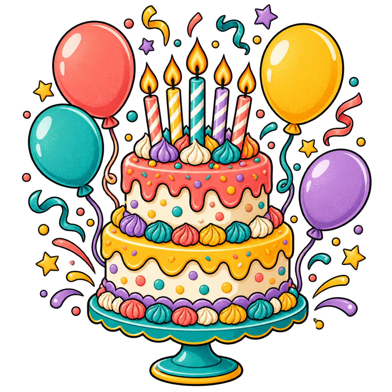 Birthday cake, balloons, and confetti clip art