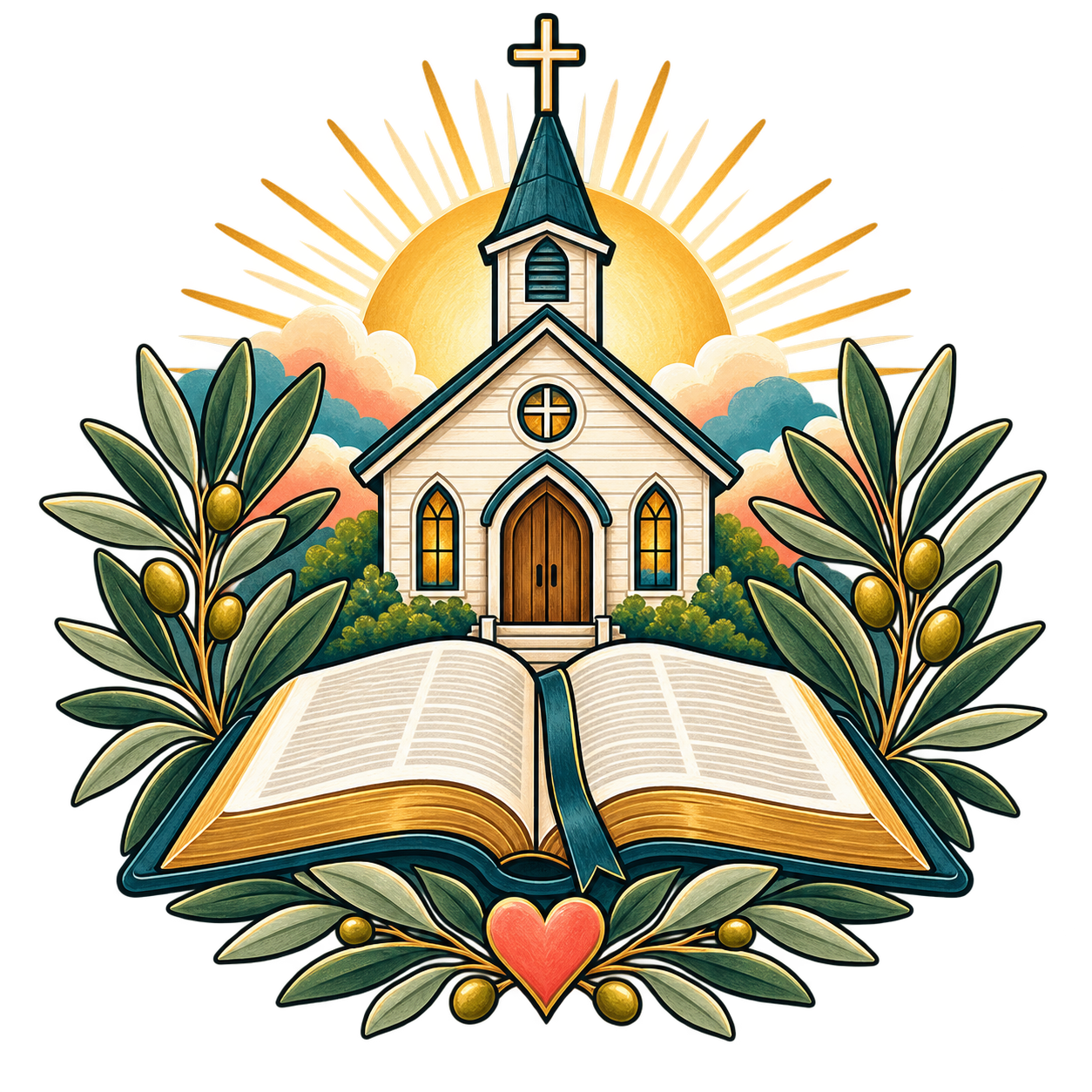 Church, Bible, and olive branches clip art