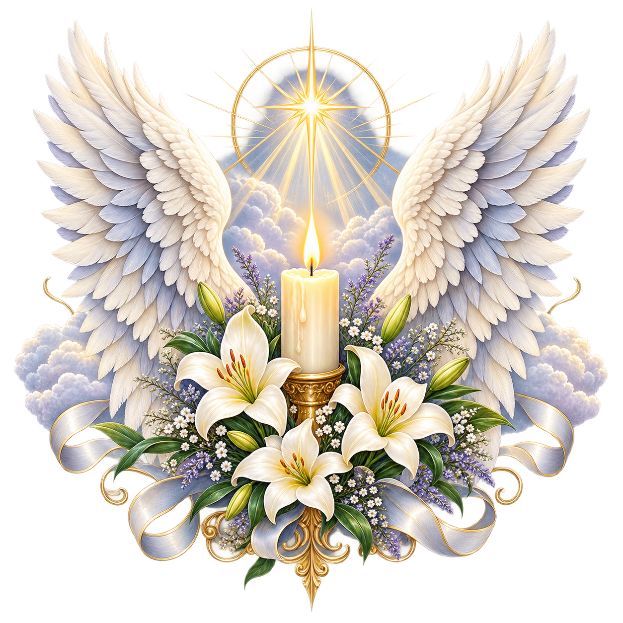 Memorial wings, lilies, and candle clip art