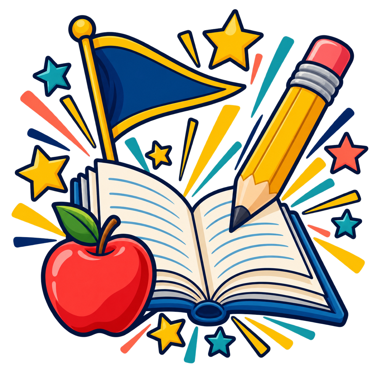 Book, pencil, apple, and school stars clip art