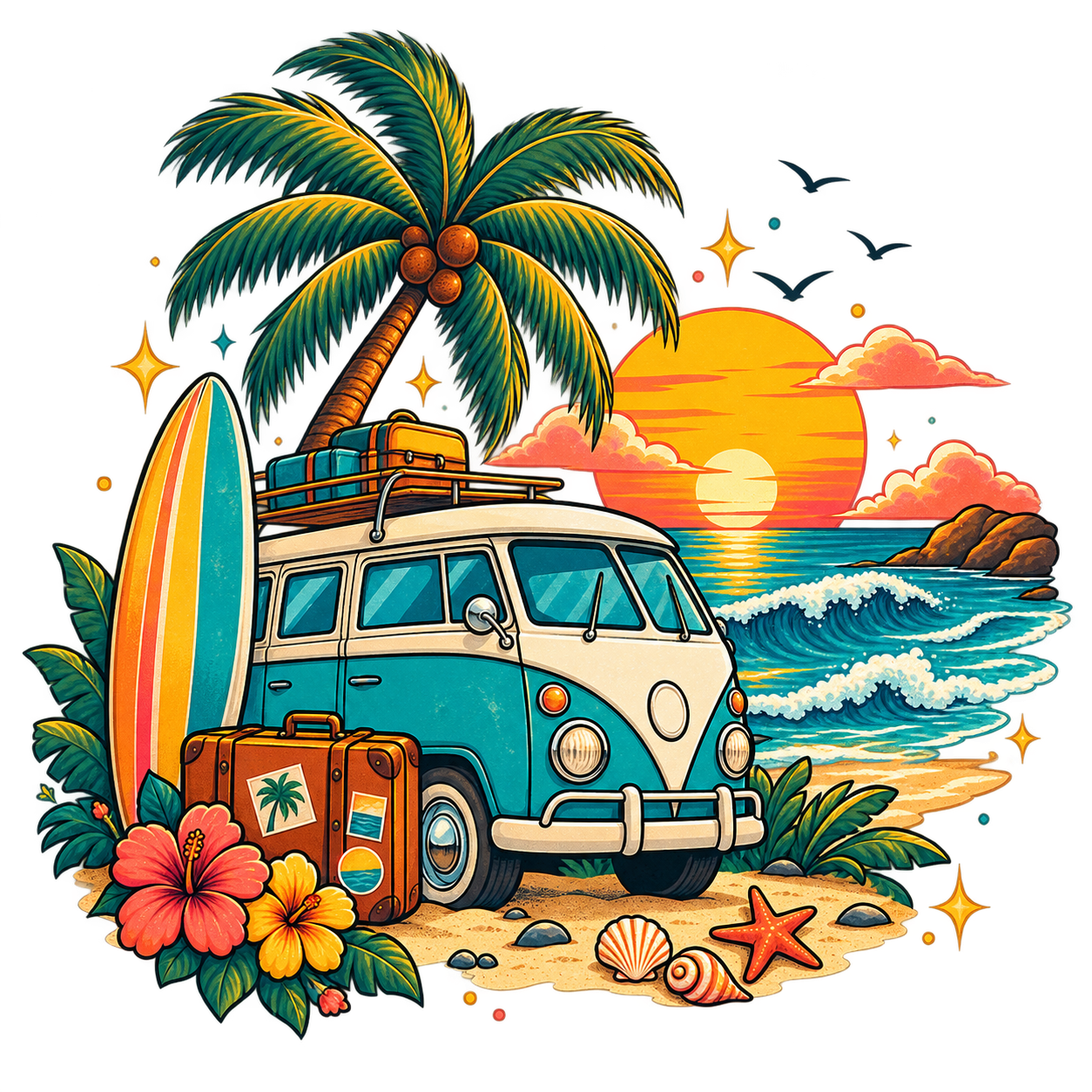 Camper, palm tree, and sunset vacation clip art